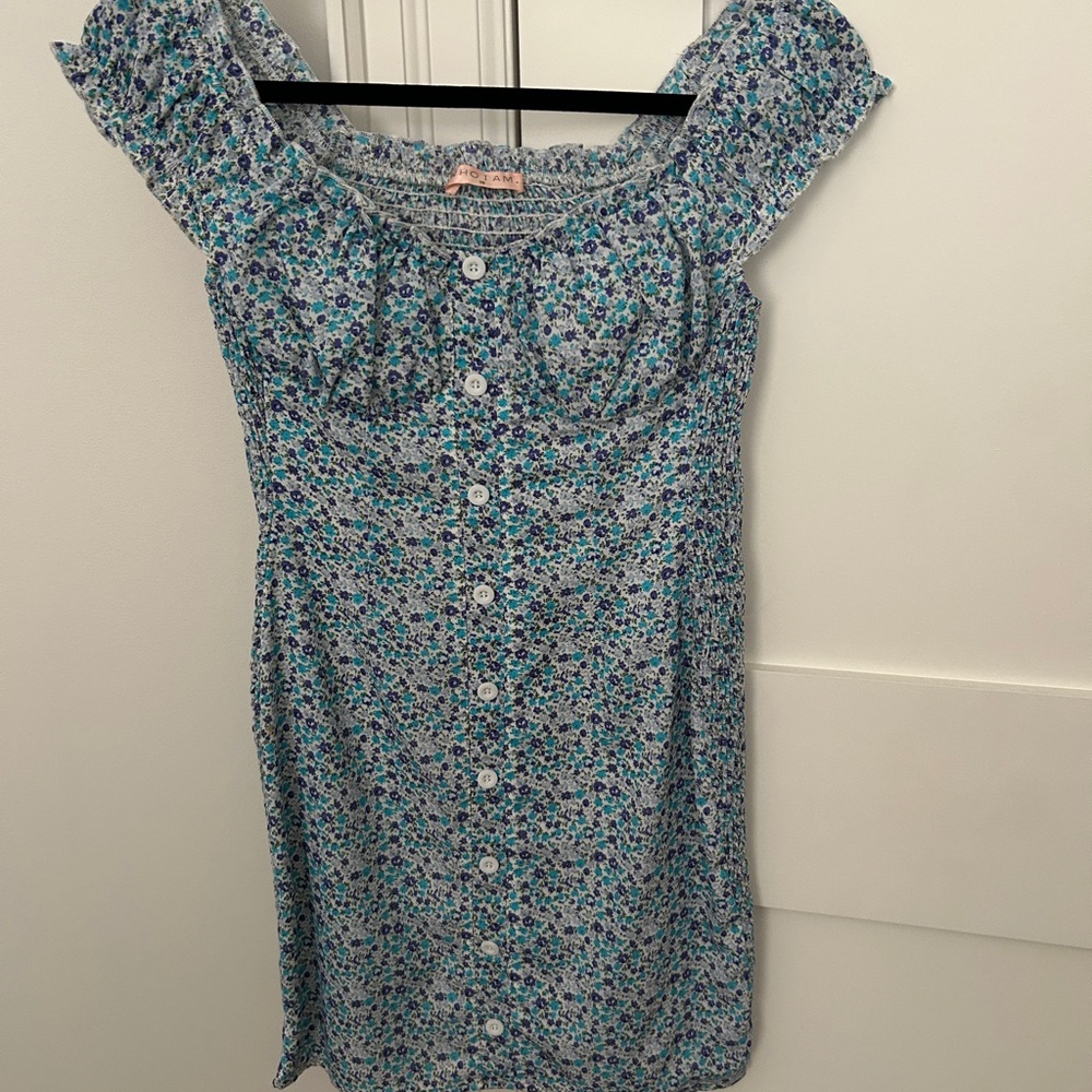 Floral Button-Front Blue Mini Dress